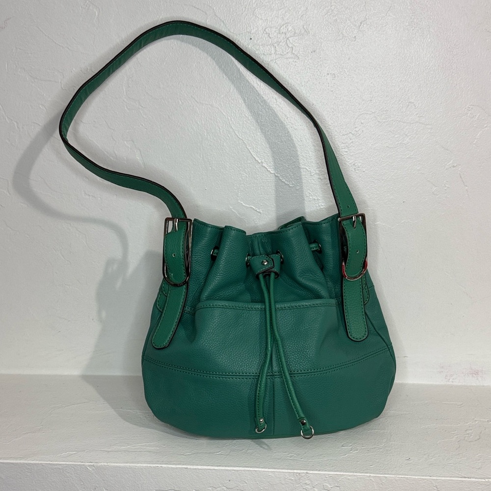 Tignanello sea foam green leather drawstring bucket bag